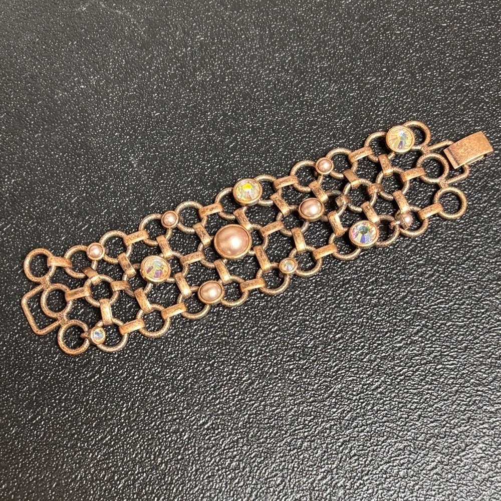 Lia Sophia Wide Cuff Bracelet Copper Link Crystal Pink Pearl Vintage